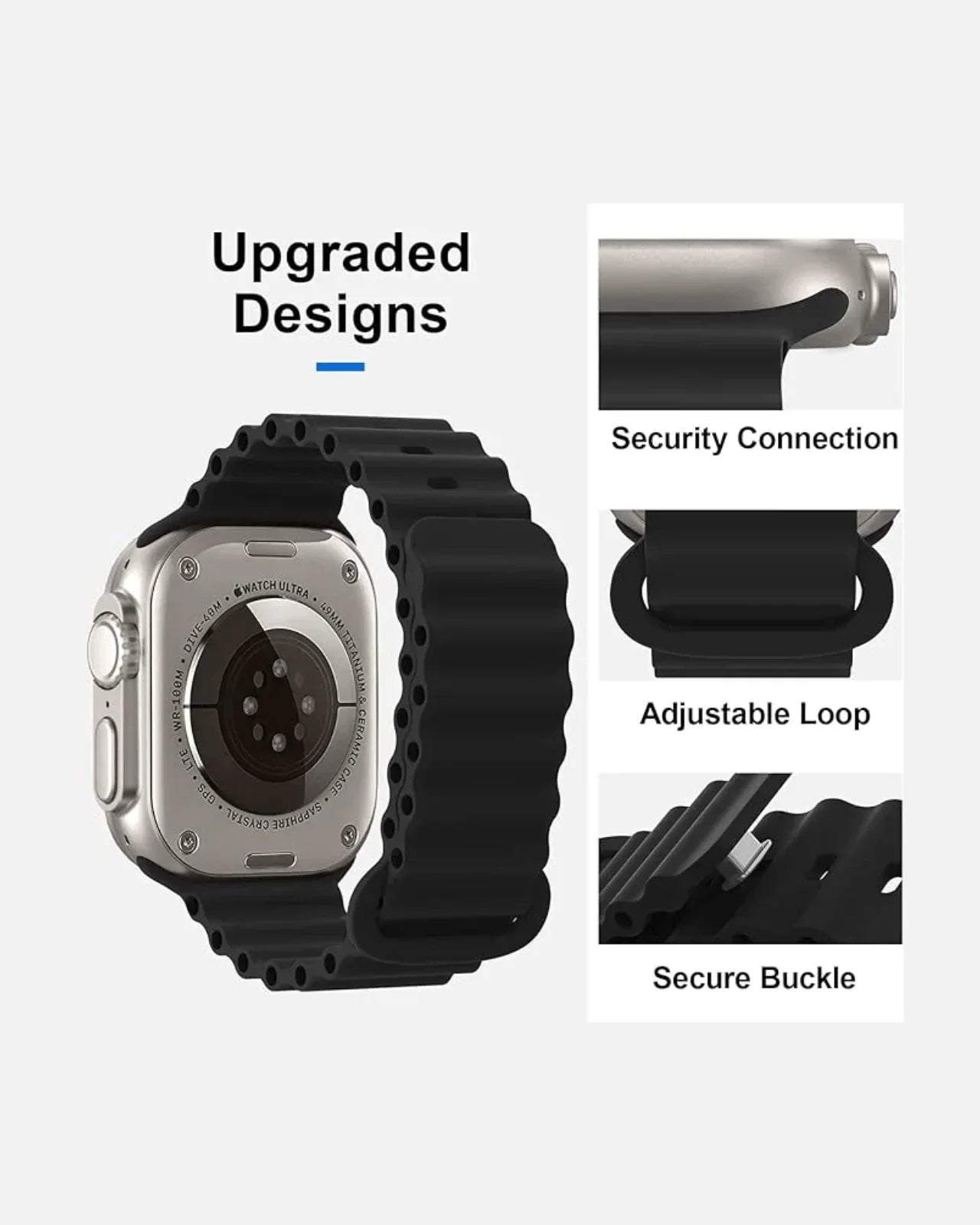 Black breathable silicone strap for Apple Watch with adjustable loop and secure buckle for maximum comfort.